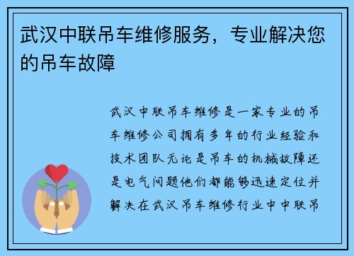 武汉中联吊车维修服务，专业解决您的吊车故障